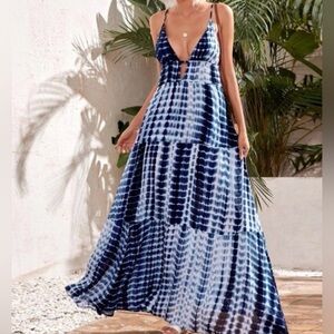 SHEIN Navy and White Tie-Dye Maxi Dress